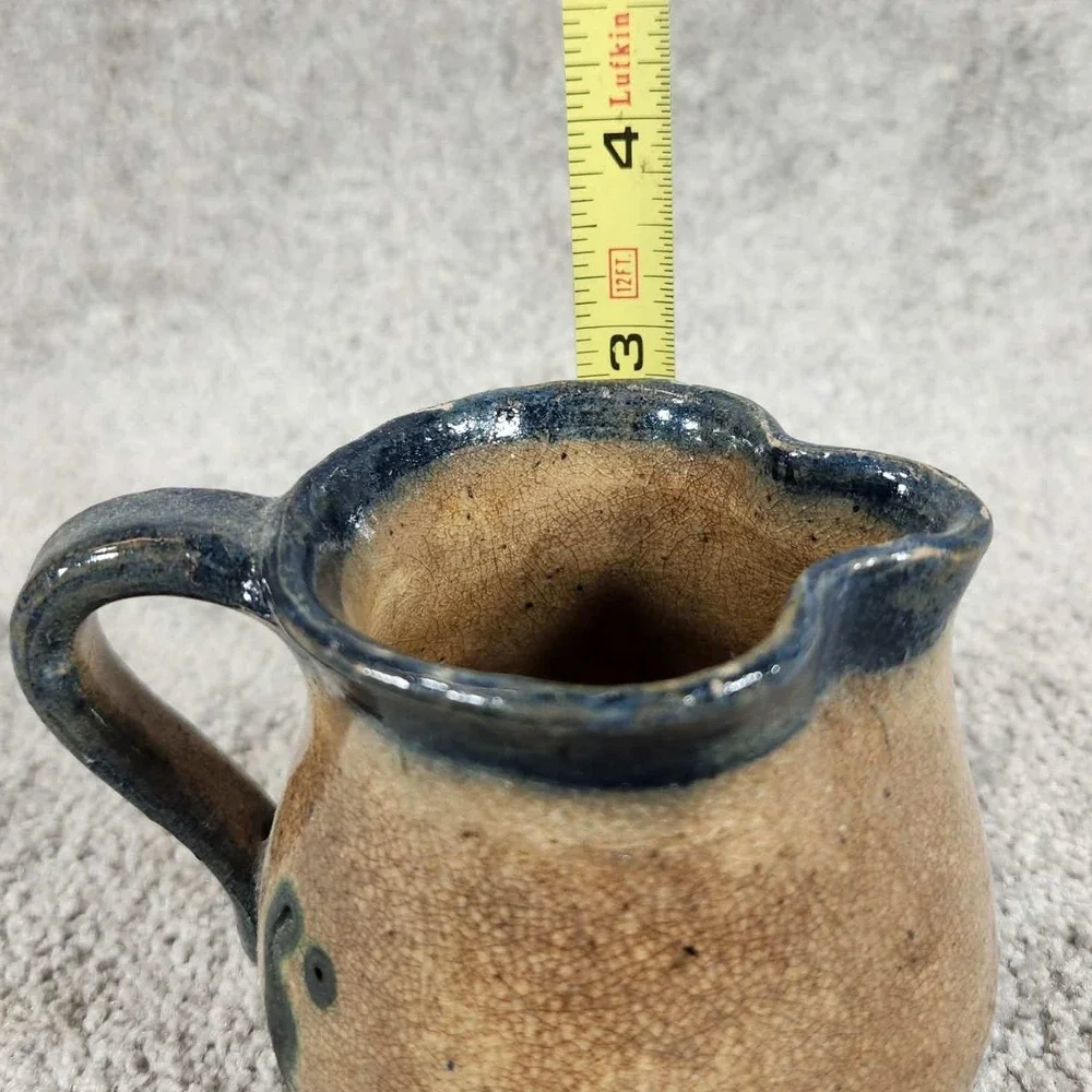 Studio Pottery Creamer Pitcher Tan Cobalt Blue‎ Rustic Farmhouse Small
